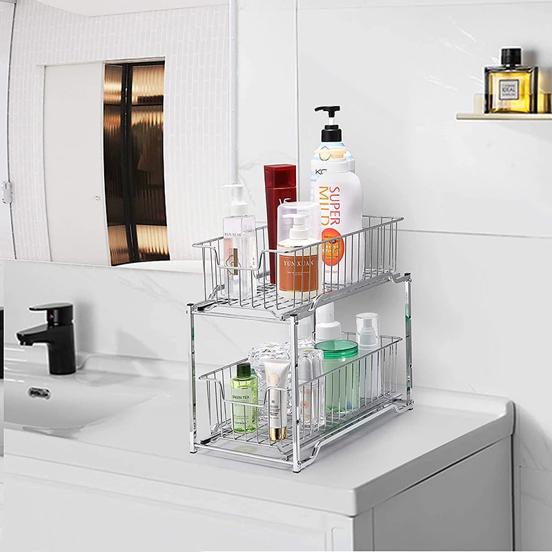 2 Tier Under Sink Storage Stable Basket Organizer with Sliding Storage Drawer for Kitchen Bathroom Pantry Cabinet