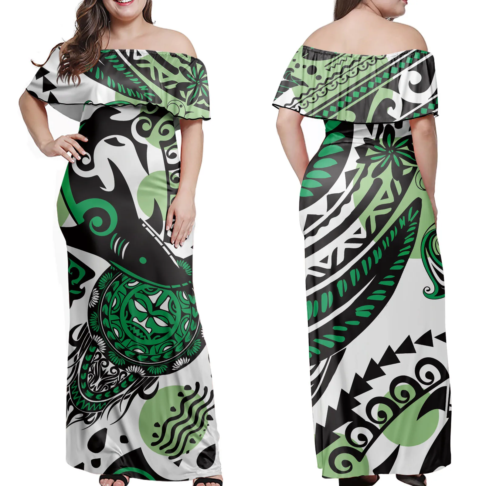 
2021 Private Label Polynesian Tribal Stripe Custom Logo Print Off Shoulder Dresses Lady Sexy 4XL 5XL 6XL 7XL Women Dress 