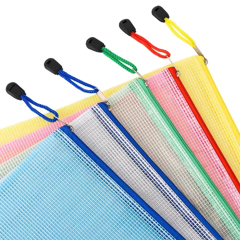 Wholesale Custom PVC Zip File Pouch Mesh Window Fashionable Waterproof A4 Plastic Document Folder Bag Transparent Document