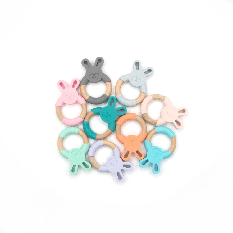 
2021 Eco Friendly Chew Bunny Newborn Wooden Sensory Toys Baby Silicone Teether 