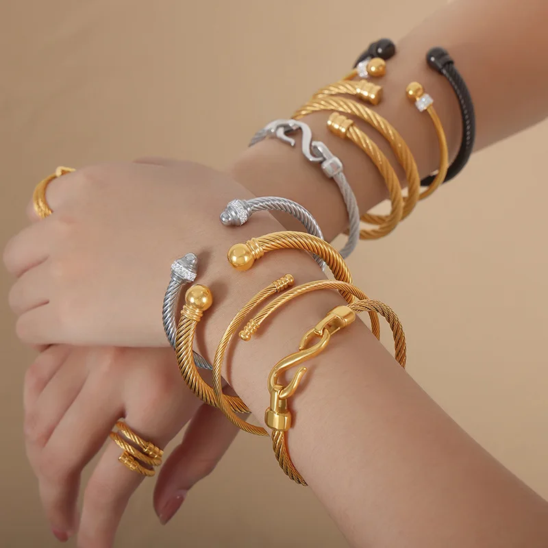 Vintage Twisted Chunky Cable Wire Composite Adjustable Stainless Steel Open Cuff Bangle Bracelet Jewelry For Women Men