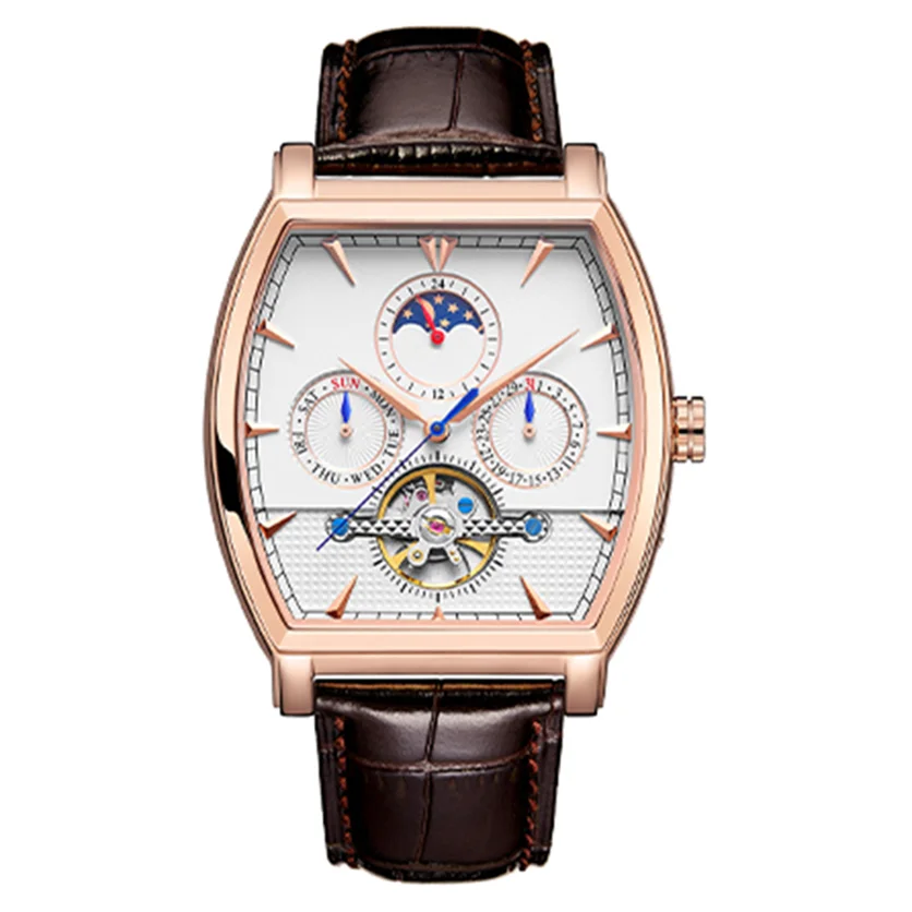 Brown cow leather strap complete calendar barrel shape men mechanical automatic watch