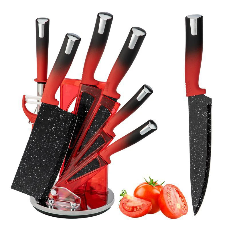Wholesale kitchen knife set 8-piece promotional gifts stainless steel utility chef knife with holder stand and sharpener