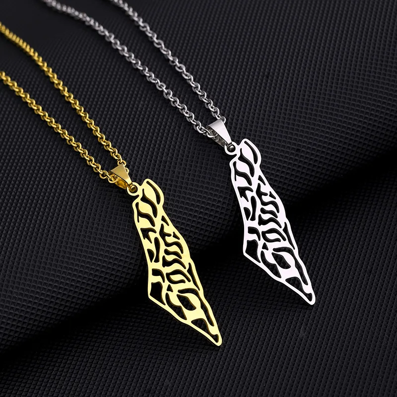 Geometric Titanium Steel Palestine Map Chain Necklaces Stainless Steel Enamel Palestine National Flag Map Pendant Necklace