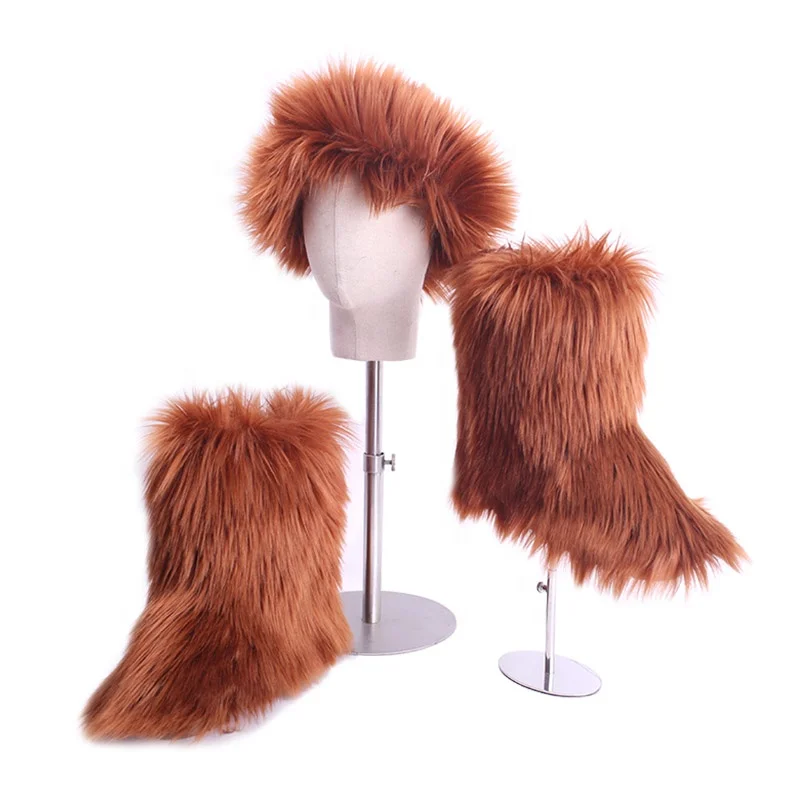 
Factory Wholesale Winter Fashionable Rainbow Women Kids Furry Boots Shoes Faux Fluffy Fur Snow Boots Sets 