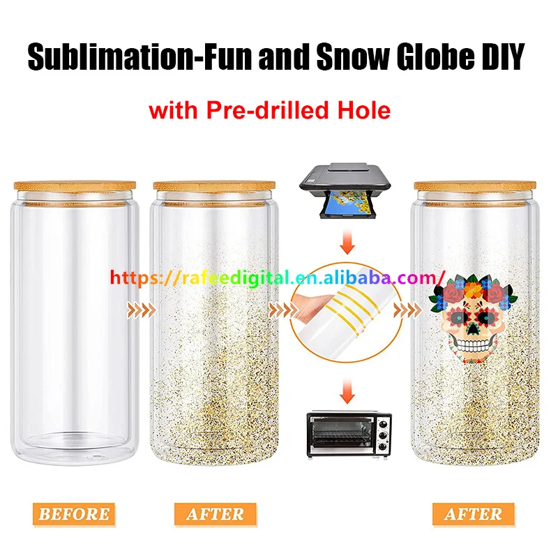 USA Warehouse 16oz 16 oz Pre Drilled Hole Clear Double Walled DIY Glitter Blank Sublimation Snow Globe Snowglobe Beer Glass Can