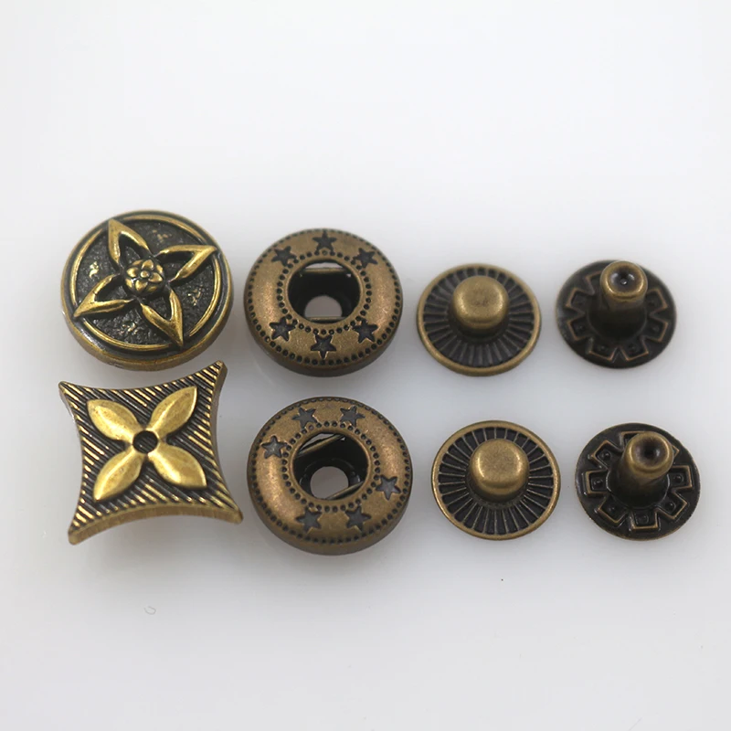 Custom engraved logo flower pattern spring snap fastener metal four part snap button for clothing