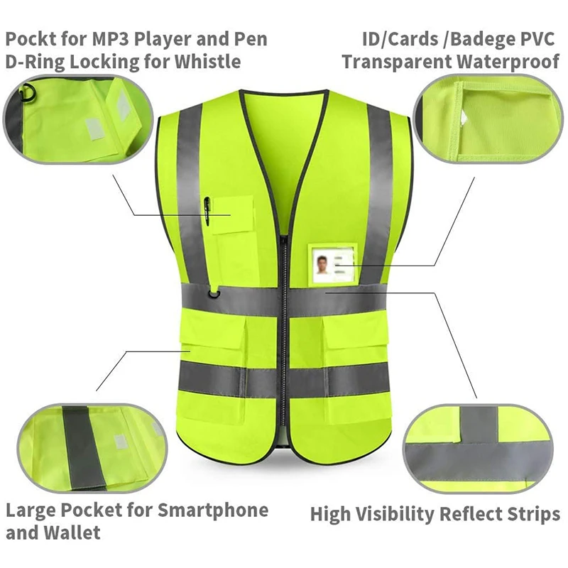 High Quality Wholesale Multi Colors Pocket Zip Security Guard Uniforms Work Reflective Safety Vests with Custom Logo