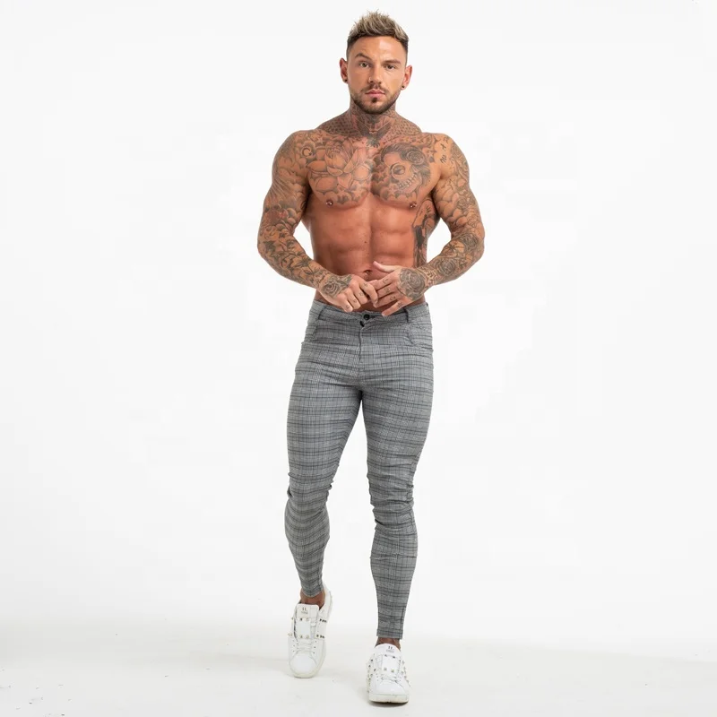 Wholesale New Design Elastic Spandex Casual Tight Ankle Fit Check Grey Mens Trousers Mens Pants