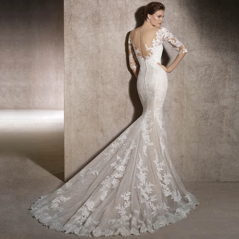 Luxury style bridal French mermaid wedding dress trailing waist thin shoulder lace light long-sleeved dress