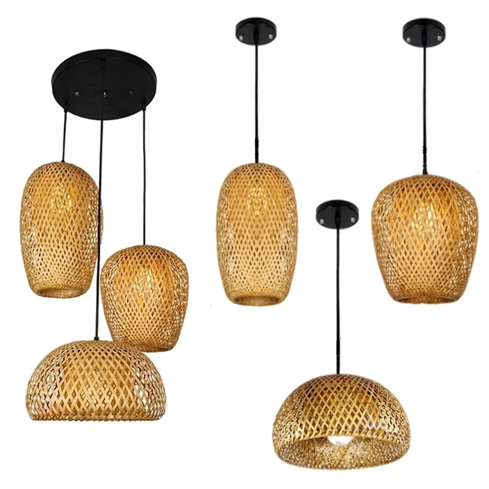 Bamboo Lantern Pendant Lamp Retro Restaurant Hanging Light Hand-Woven Lampshades E27 Lighting Fixtures Wooden Chandeliers Room