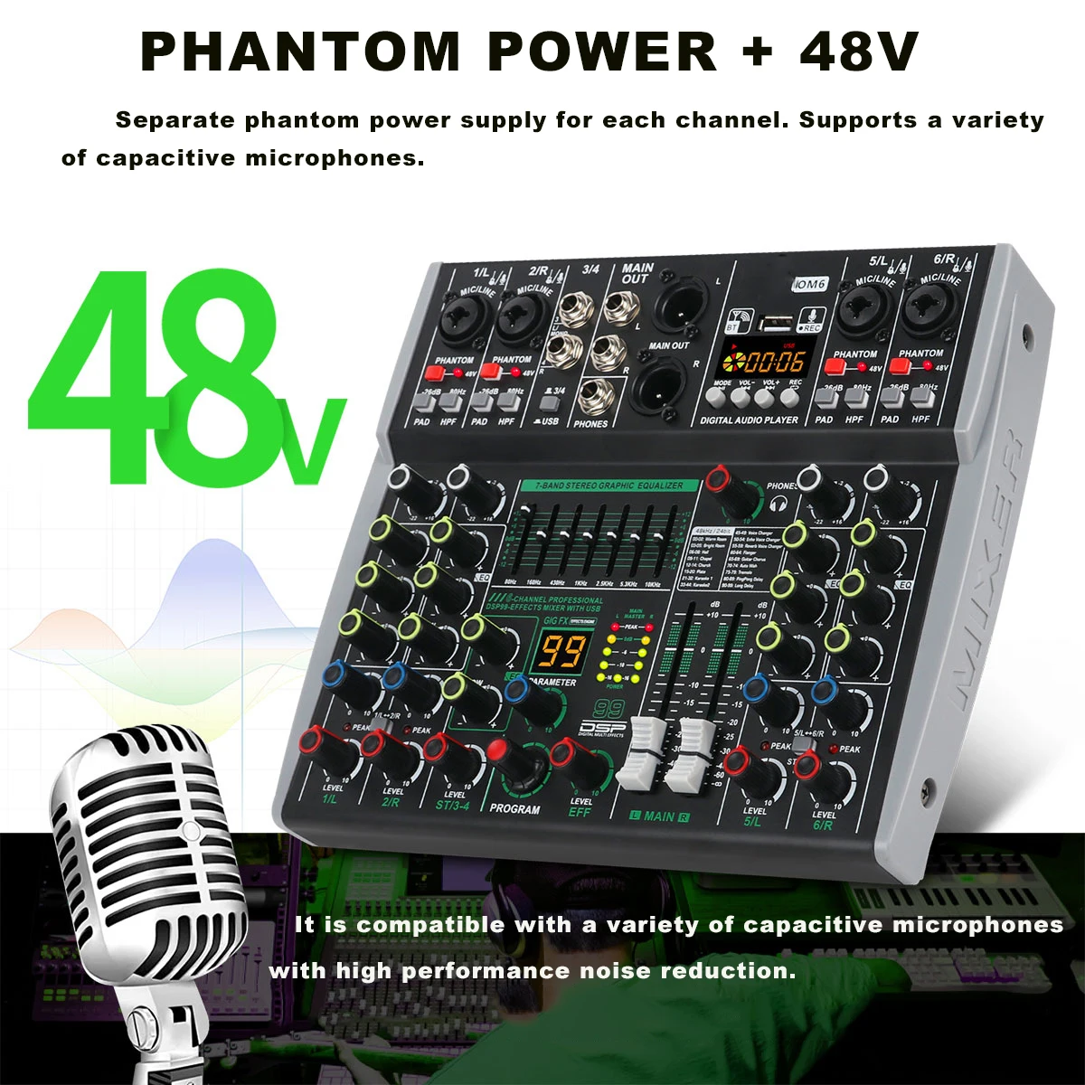 6 Channel DJ Audio Mixer with 99 DSP Reverb effect BT 5.0 USB Mixer USB for karaoke PC recording Microphones