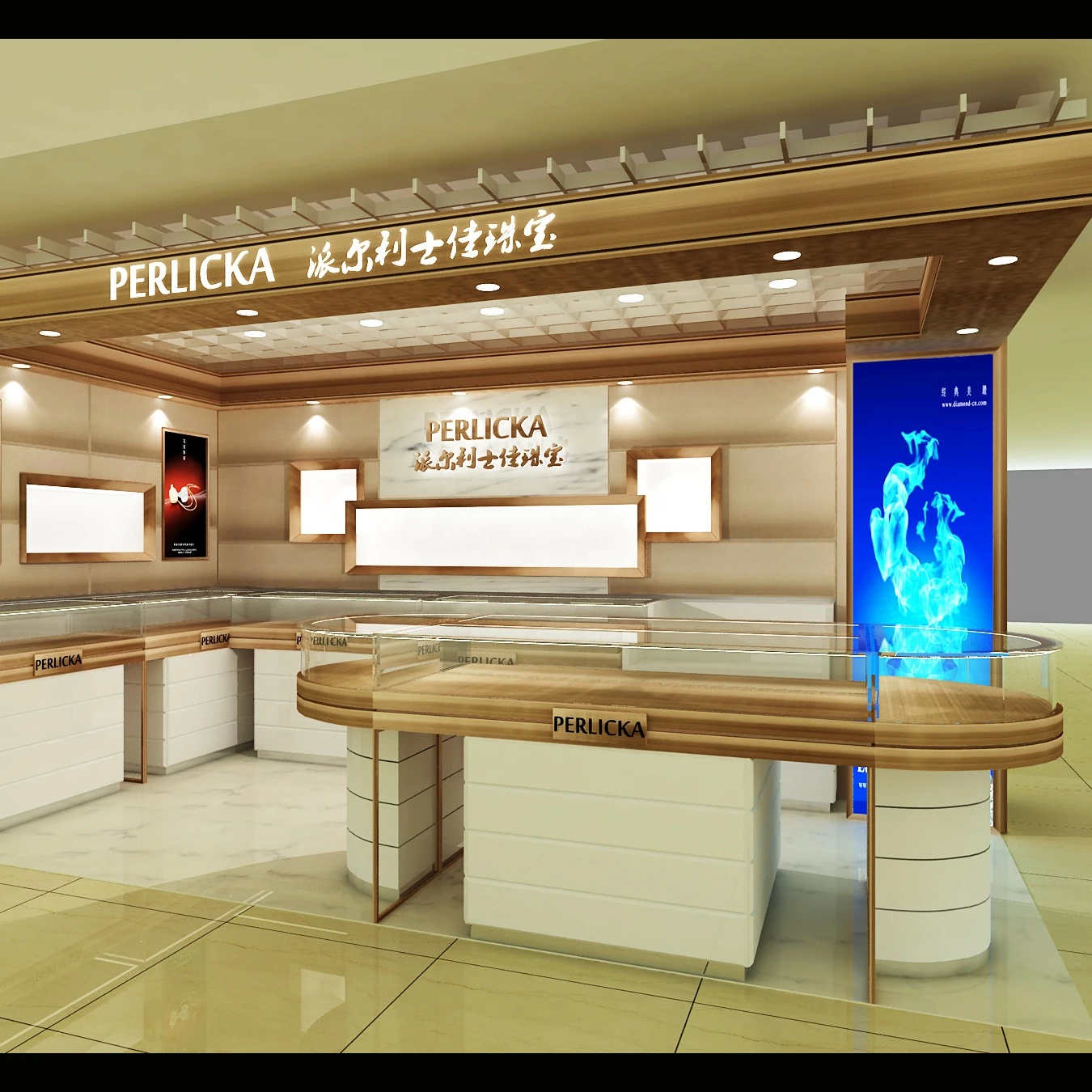 Luxury Gold Jewelry Store Wall Display Cabinet Design Custom Curved Glass Jewelry Counter Furniture Shopping Mall Display Rack