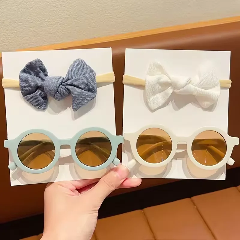 Low Price 2pcs/set Sunglasses With Elastic Hair Bands Nylon Baby Headband Design Round Sun Glasses Kids Puff Bow Headwear