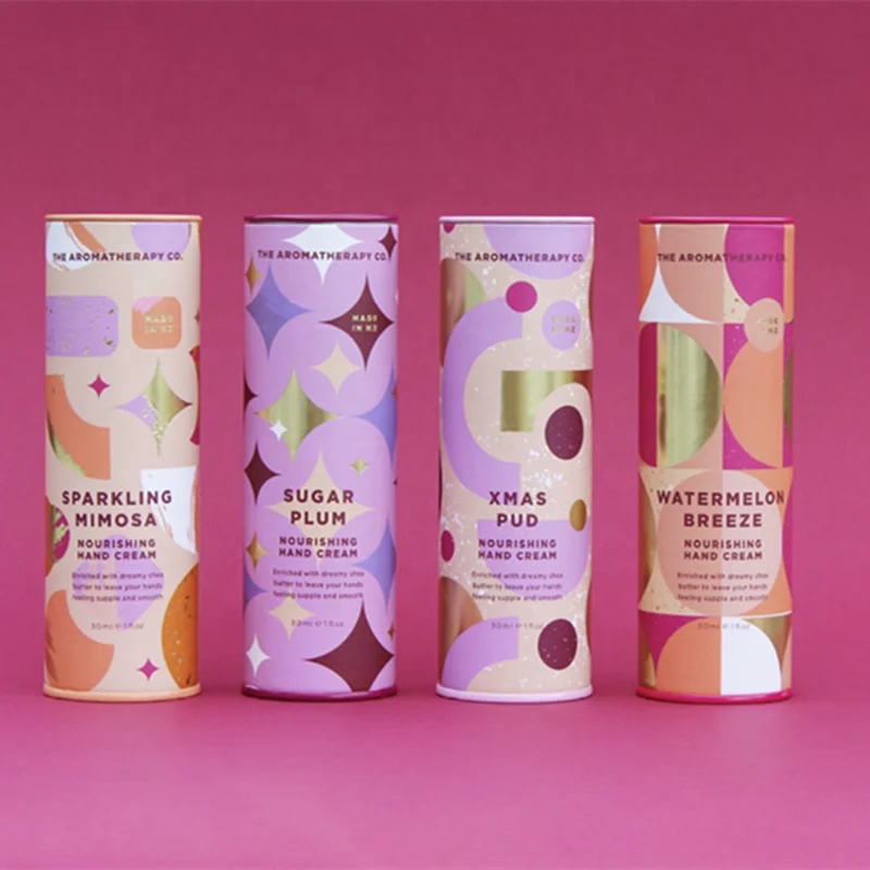 wholesale manufacturer cosmetic nozzle bottle tin can paper tube embossed metal lid round shape paper box