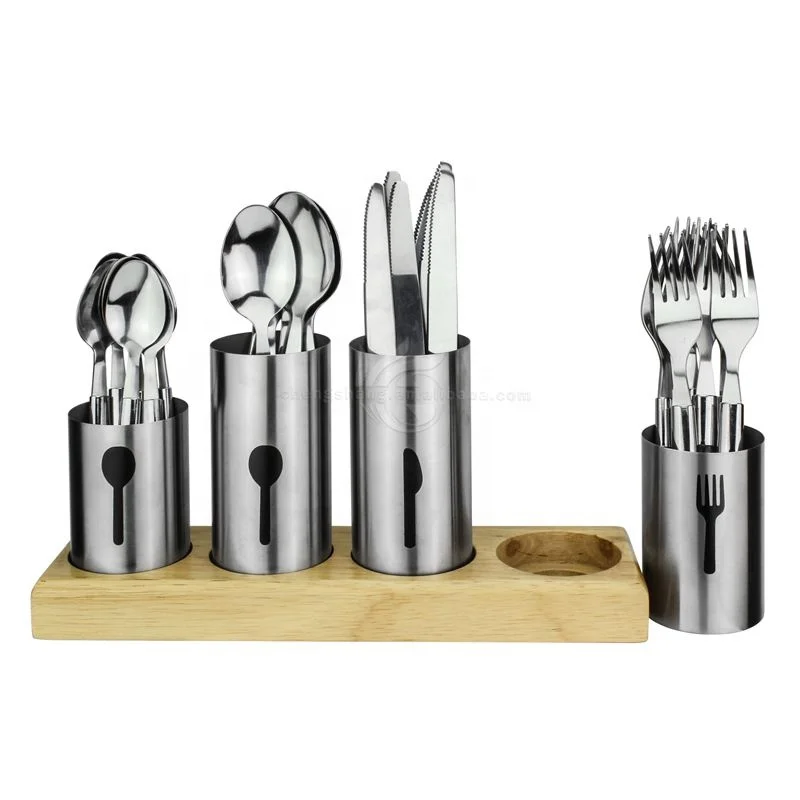 Metal Cutlery Holder Set Stainless Steel Flatware Bamboo Wood Base Forks Knives Spoons Dining Kitchen Cutlery Holder