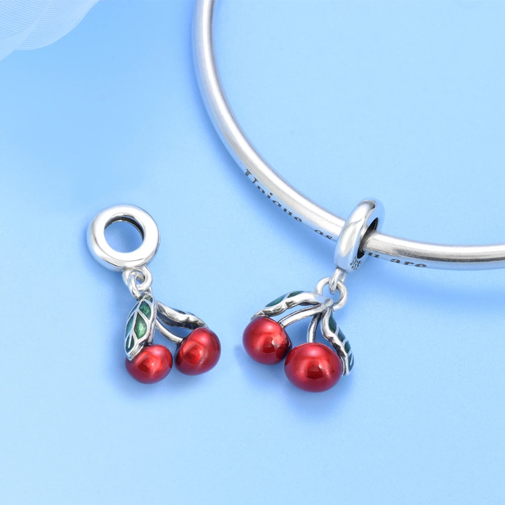 Wholesale high quality s925 sterling silver bracelet charm enamel cherry pendants for DIY jewelry making