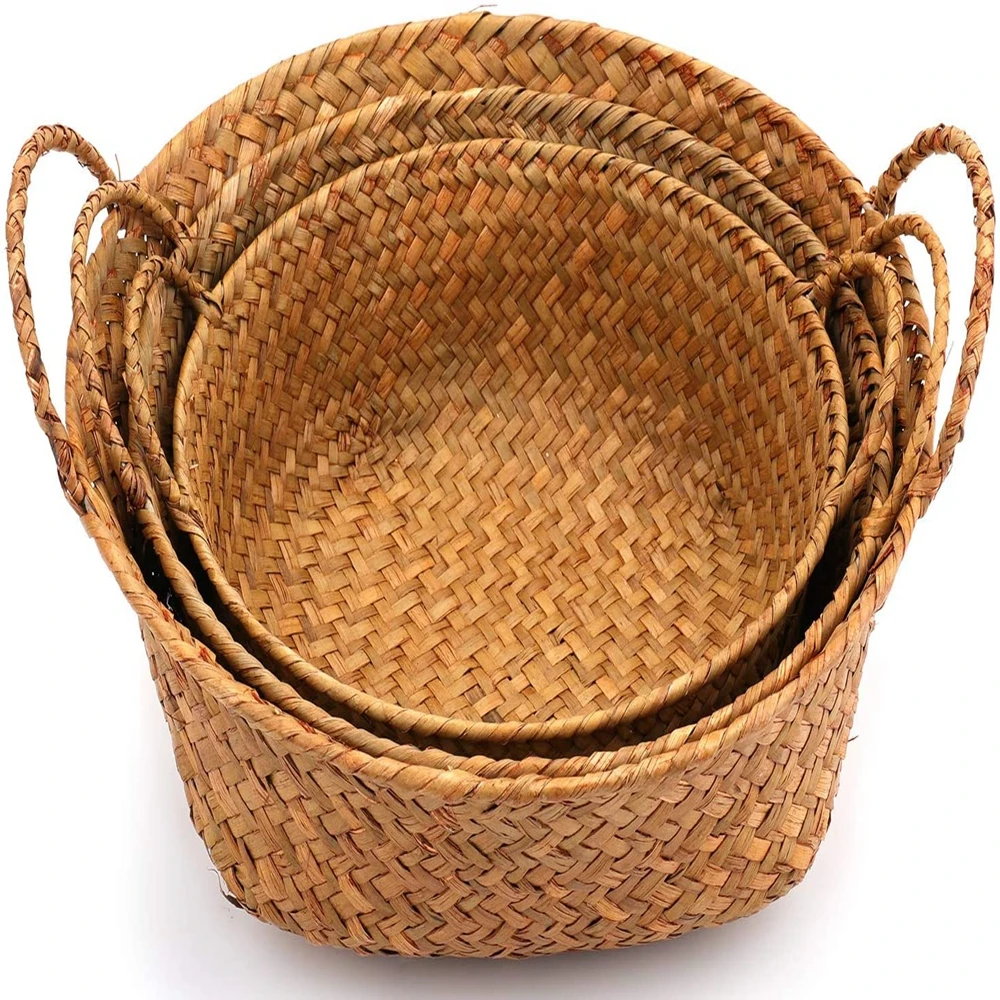 China Wholesale Natural Seagrass Woven Weaving Straw Wicker Storage Basket with Handles