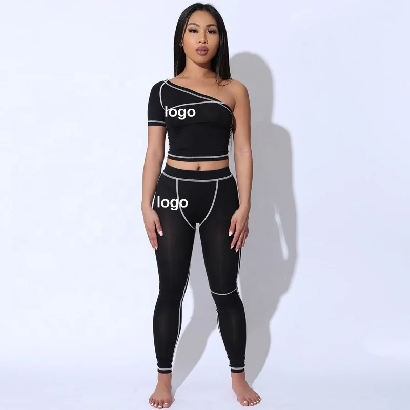 
Fitness Women Two Piece Set One Shoulder Top Leggings Striped Patchwork 2 pcs Black Tracksuits 