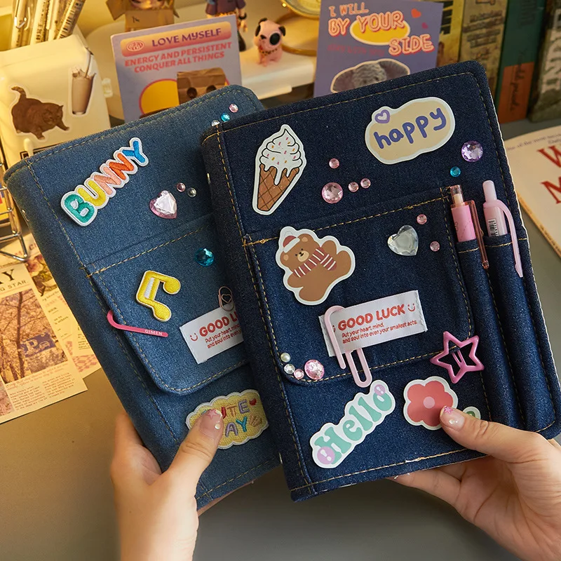 LABON Cloth y2k Diy Cover Denim Girls Retro Style Notebook Cute Diary Cloth 6 Ring Binder
