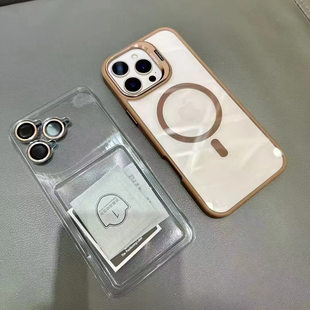 BAILI factory Color border Transparent acrylic magnetic 3 lens protective film stand cell phone case for Iphone 11 16 Pro max