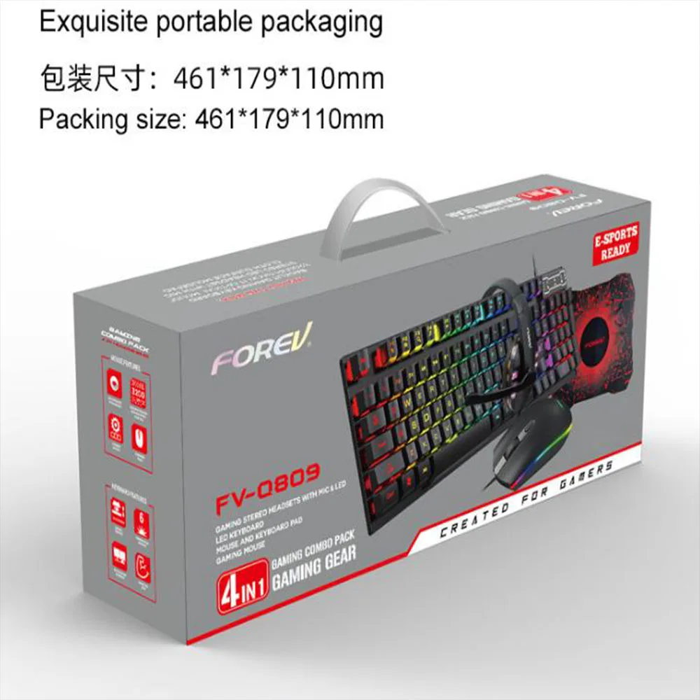 FV-Q809 Professional wired Gaming Keyboard and mouse headset four - piece RGB Backlit running horse lamp effect