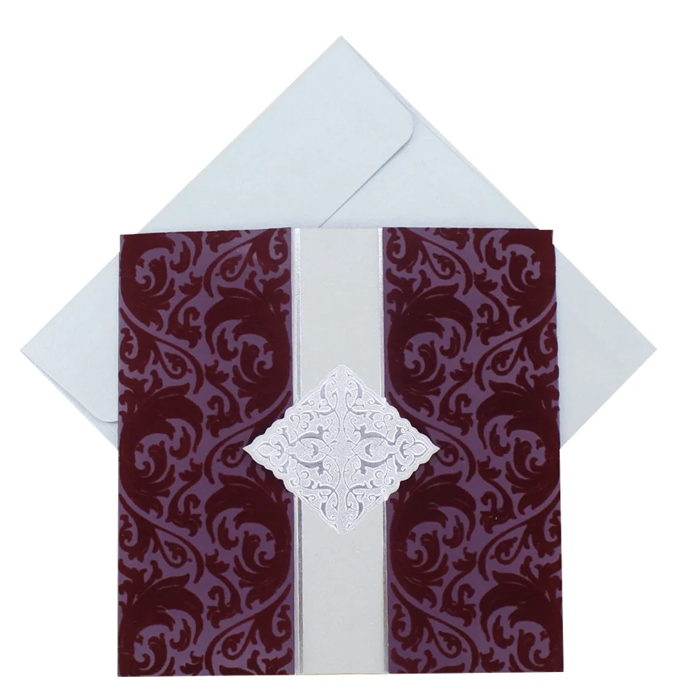 New Product Ideas Personalised Dark Green Flocking Embossed Wedding Cards and velvet pattern invitation cards