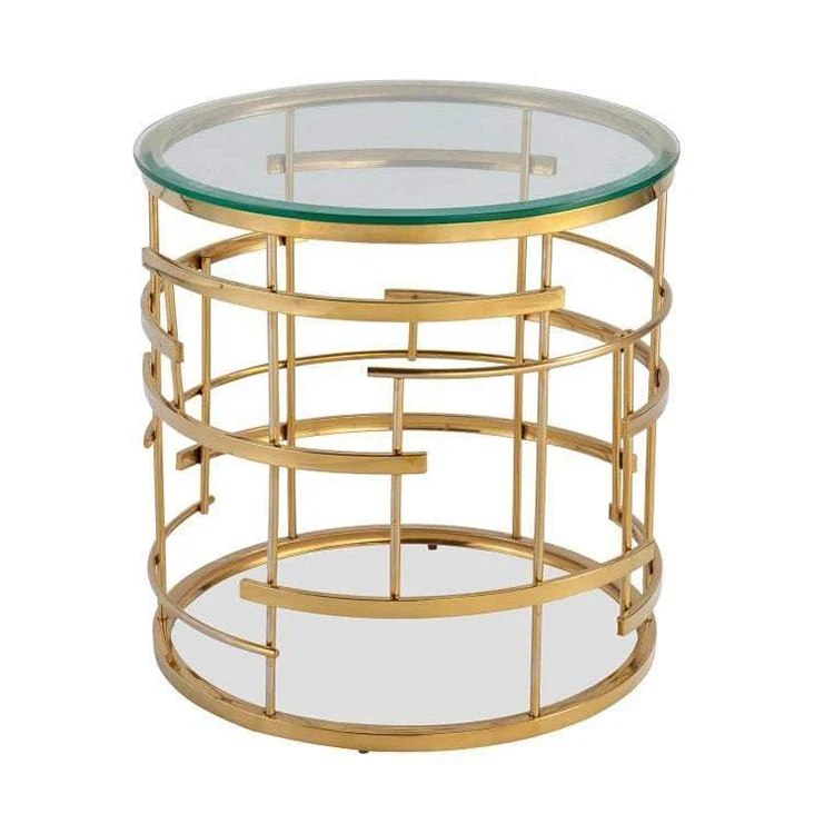 Coffee Table Morden Round Golden Brushed Texture Stainless Steel Transparent Glass Side Table For Living Room