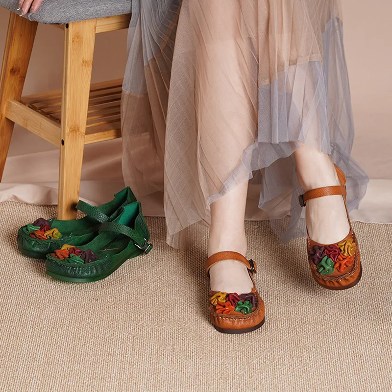 
Women Fancy Flat Shoe Loafer Floral Bohemian Round Toe Handmade Genuine Leather Casual Soft Sole Shoe Lady Ballet Shoe 