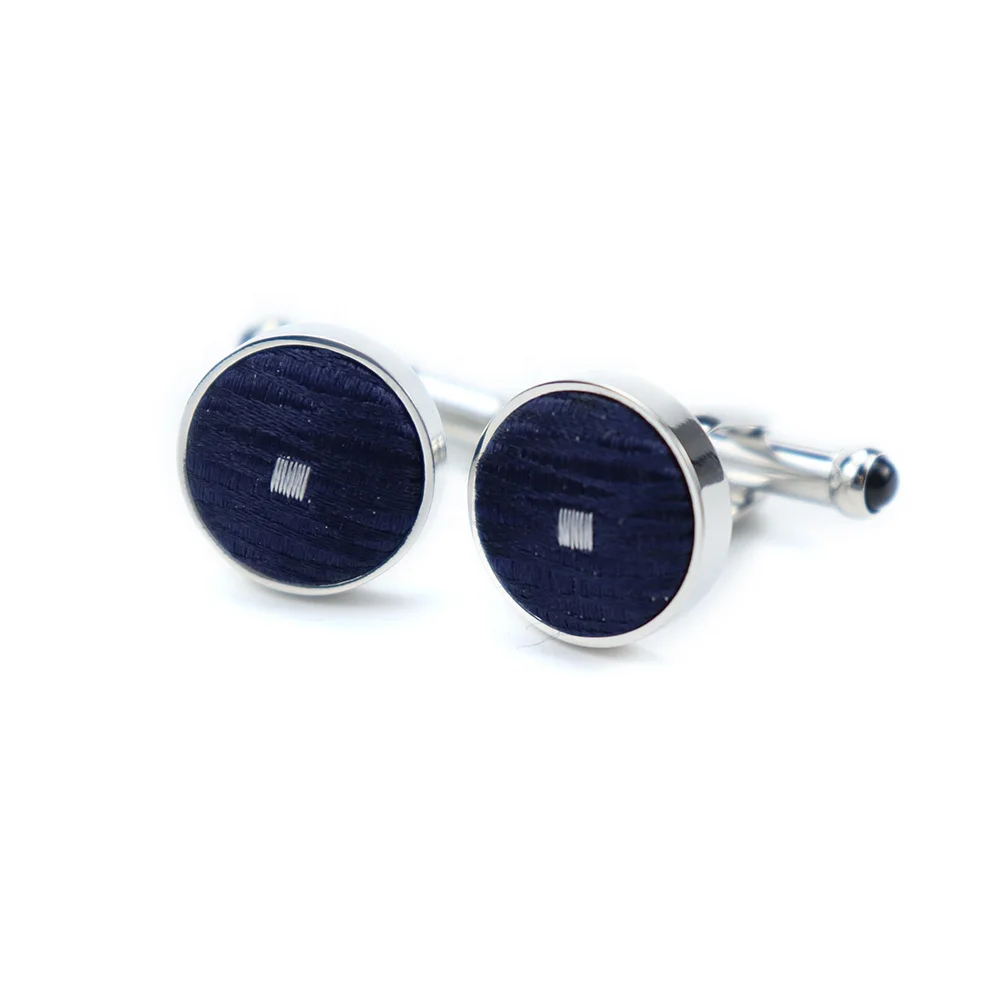 Dark Blue Geometric Design Stainless Steel Round Shape Cufflink High Quality Hand Made Silk Fabric Cufflinks Custom