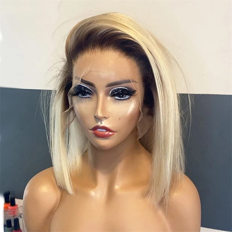 Ombre Blonde Bob Straight Wigs Human Hair Lace Front Brazilian Pre Plucked Bob Wig 1B/613 Color Straight Hair Short Bob Wigs