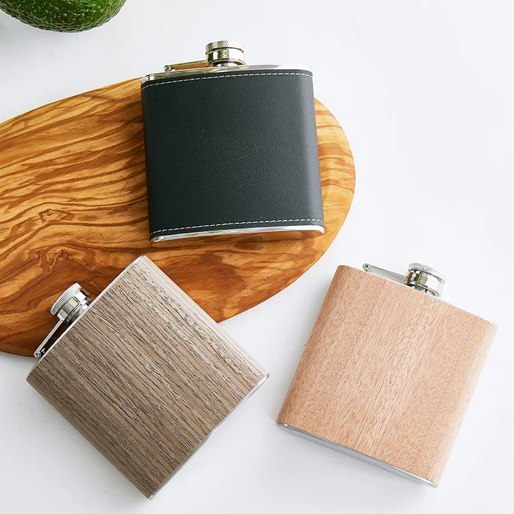 Hot Selling 6oz Wood Grain Leather Stainless Steel Wine Pocket Hip Flask for Party
