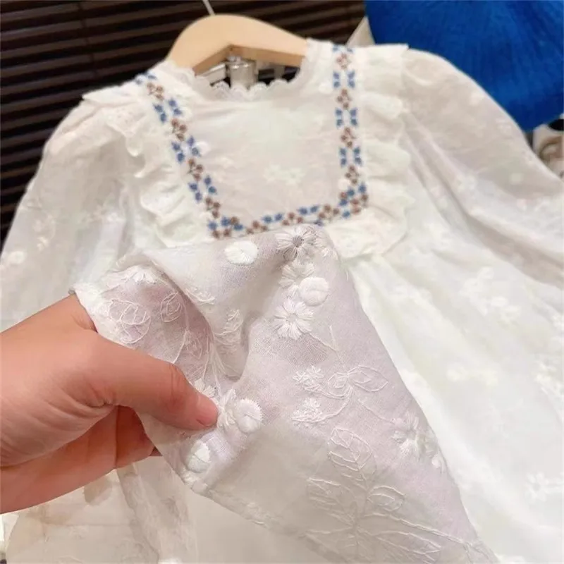 Sunny Baby 2024 Spring And Autumn Korean Style New Kids Clothing Cute Sweet Lace Embroidered Solid Color Toddler Girls Dress