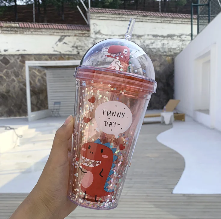  Бутылка для воды с мультипликационным динозавром двойная пластиковая чашка девочек мальчиков детей студентов взрослых милая портативная космическая Кружка со звездами молока сока