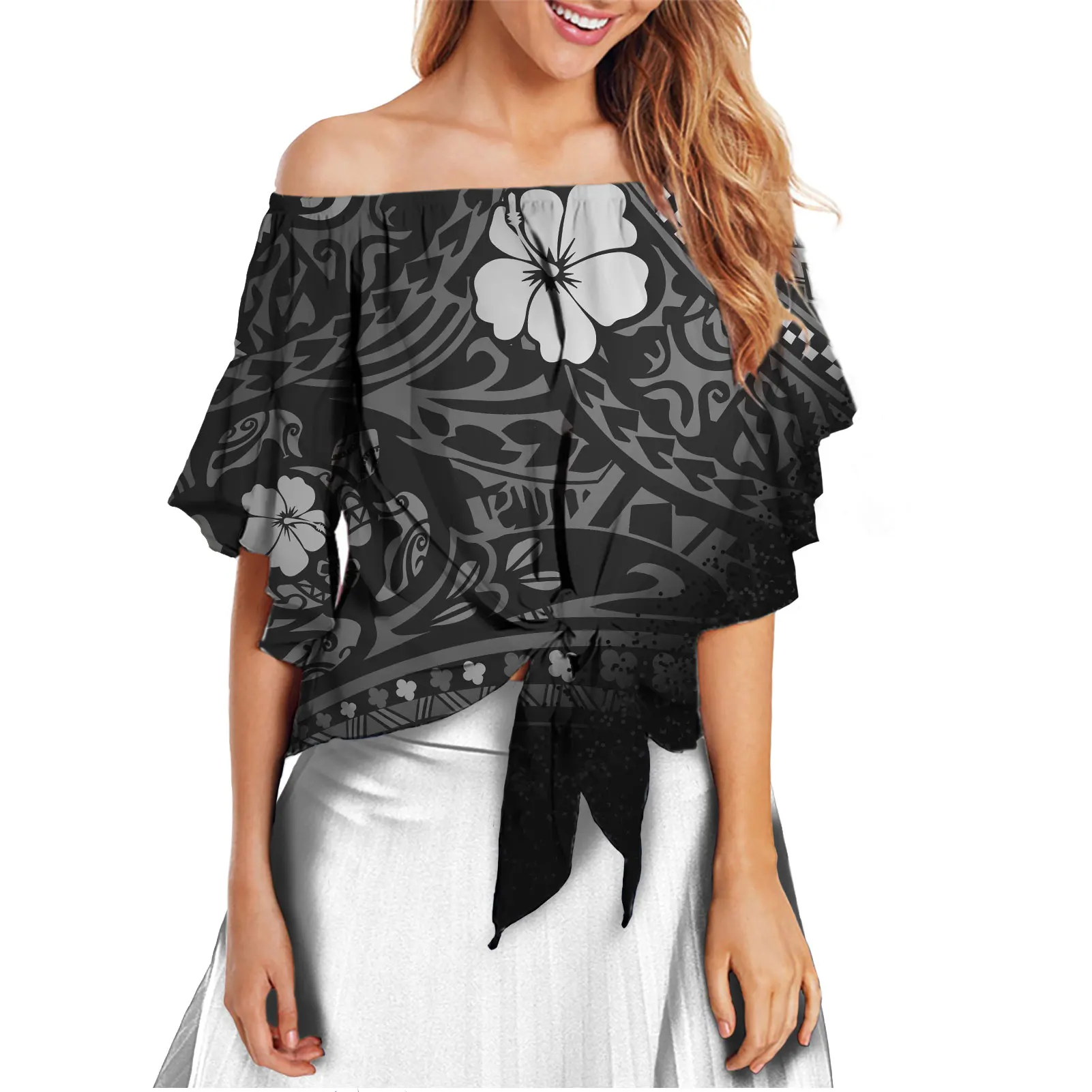 Новая женская футболка с широкими рукавами и монохромной мозаикой в полинезийском стиле, украшение с узлом