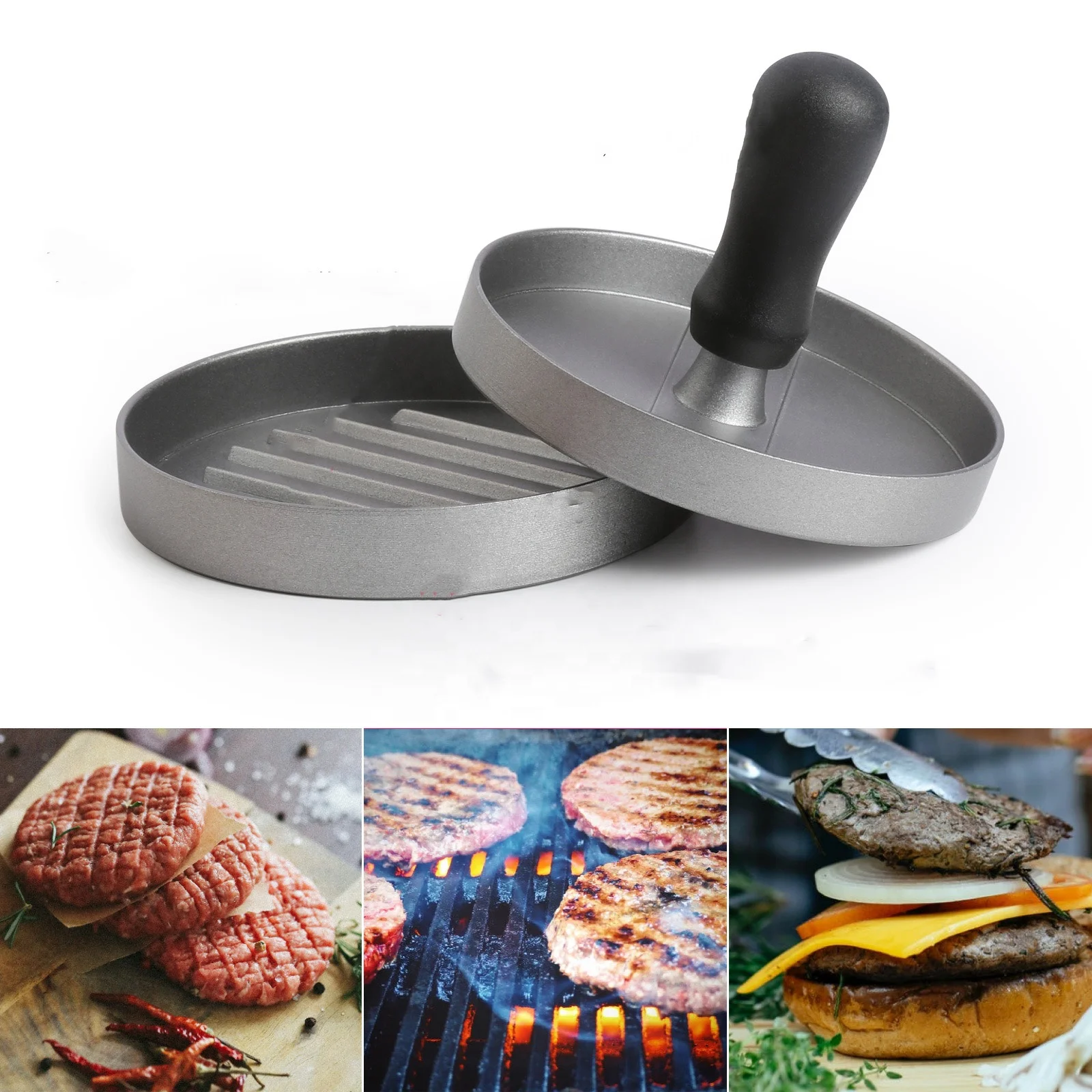 Hot Sale Aluminum Alloy Hamburger Patty Maker Kitchen Manual Non-stick Burger Press Round Shape Hamburger Meat Press With handle