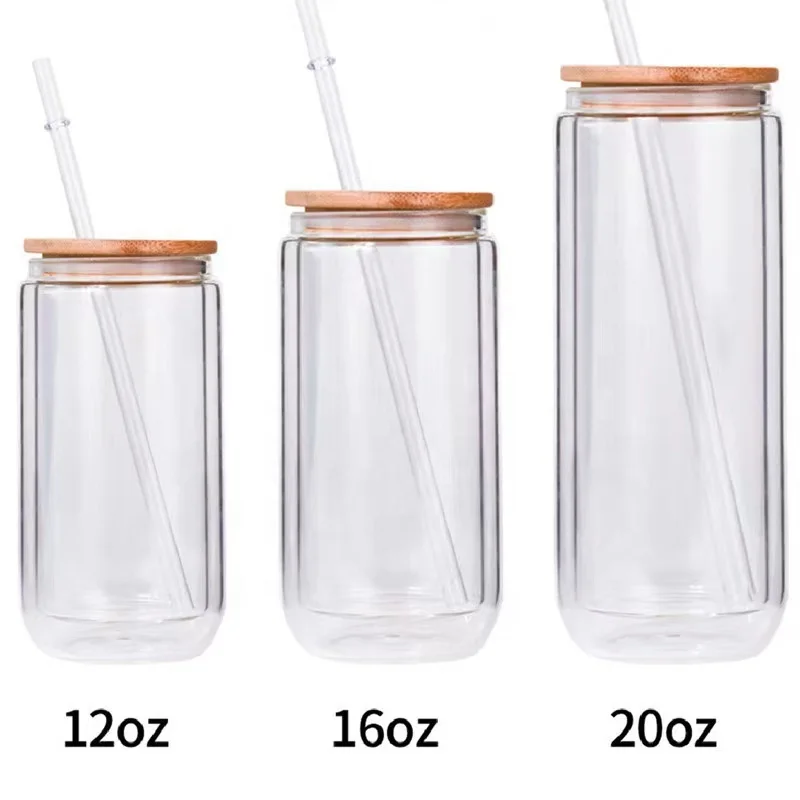 Hot Sale US Warehouse 12oz 16oz Frosted clear coffee soda shaped beer can glass cup jar with bamboo lid