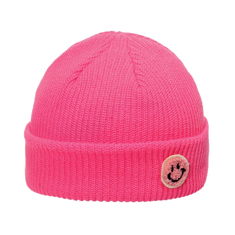 Warm Smiley Face Patch Landlord Hat Candy Color Thick Winter Women Custom Knitted Hats (1600350874989)