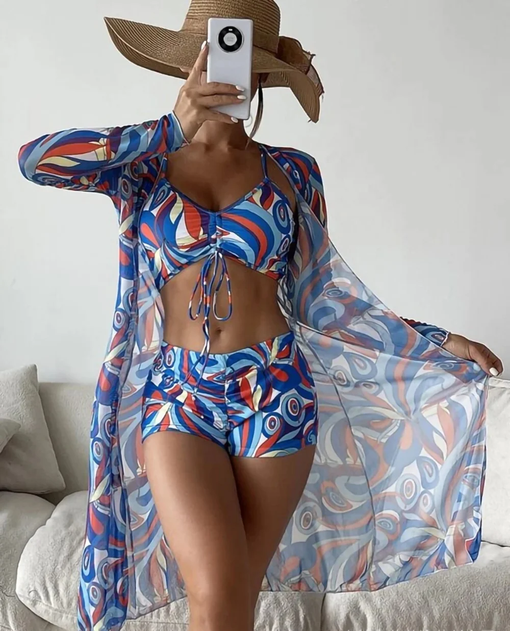 Summer Beach String Bikini Swimwear Beachwear Women Swimsuit Beach Cover Up Beach Dress High Waist Cover Up 3 Piece Set