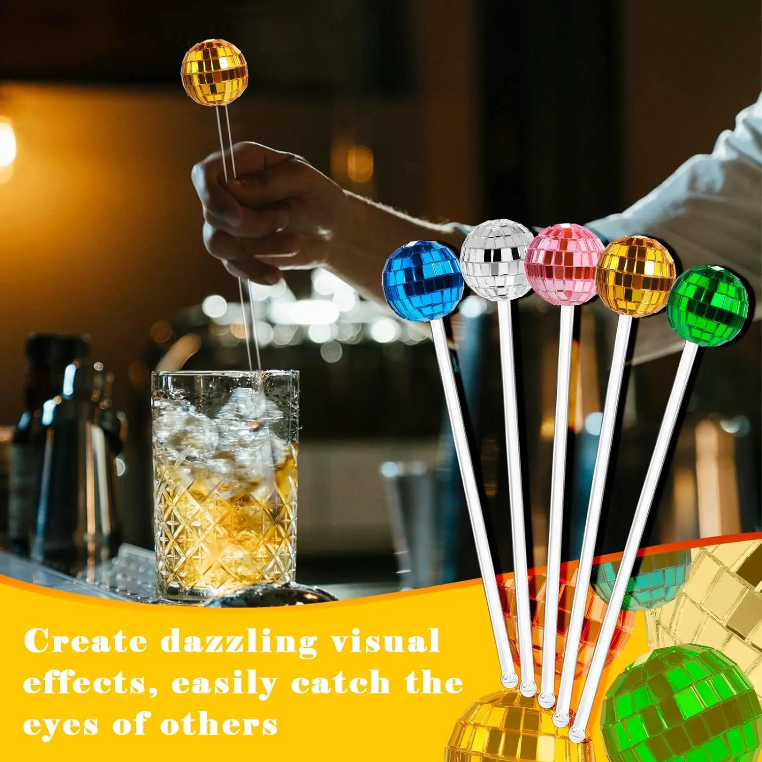 Party Home Bar Shop Plastic Round Top Swizzle Sticks Multicolored Mirror Disco Ball Coffee Beverage Drink Mixing Cocktail Stirre