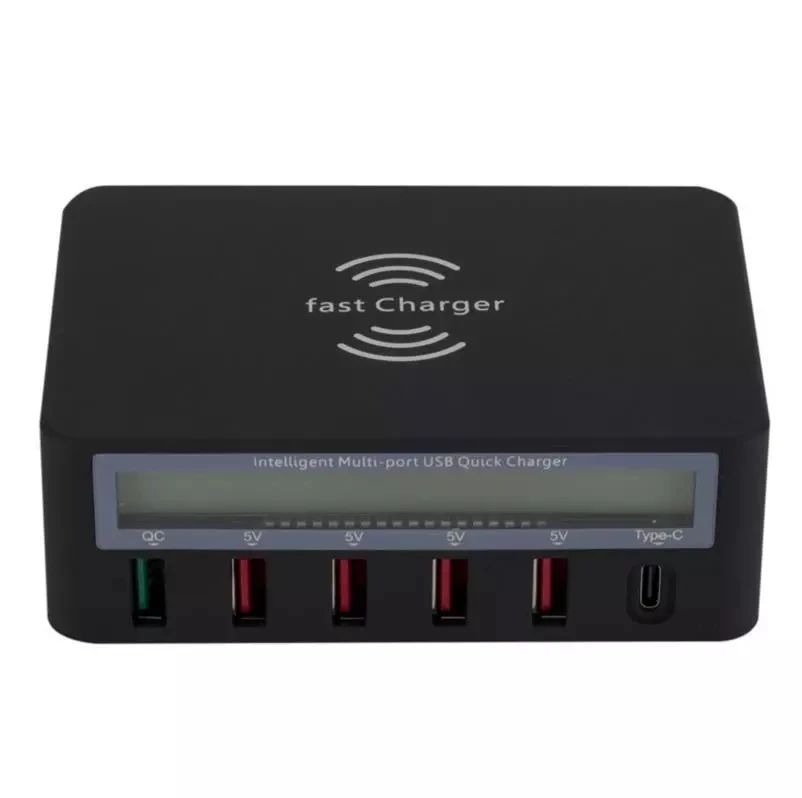 
New Arrival Hot sales LED Digital Display charging Station USB Type c 6 Ports wireless Multi-Port Travel USB Charger 
