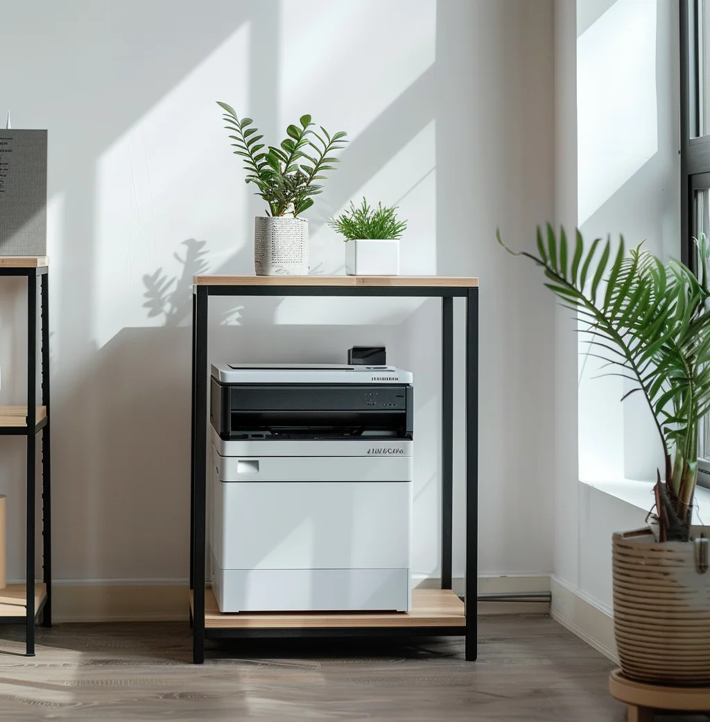 All-in-One Storage Rack with Movable Base, Computer Host Stand with Printer Shelf and Wheels for Desktop Organization