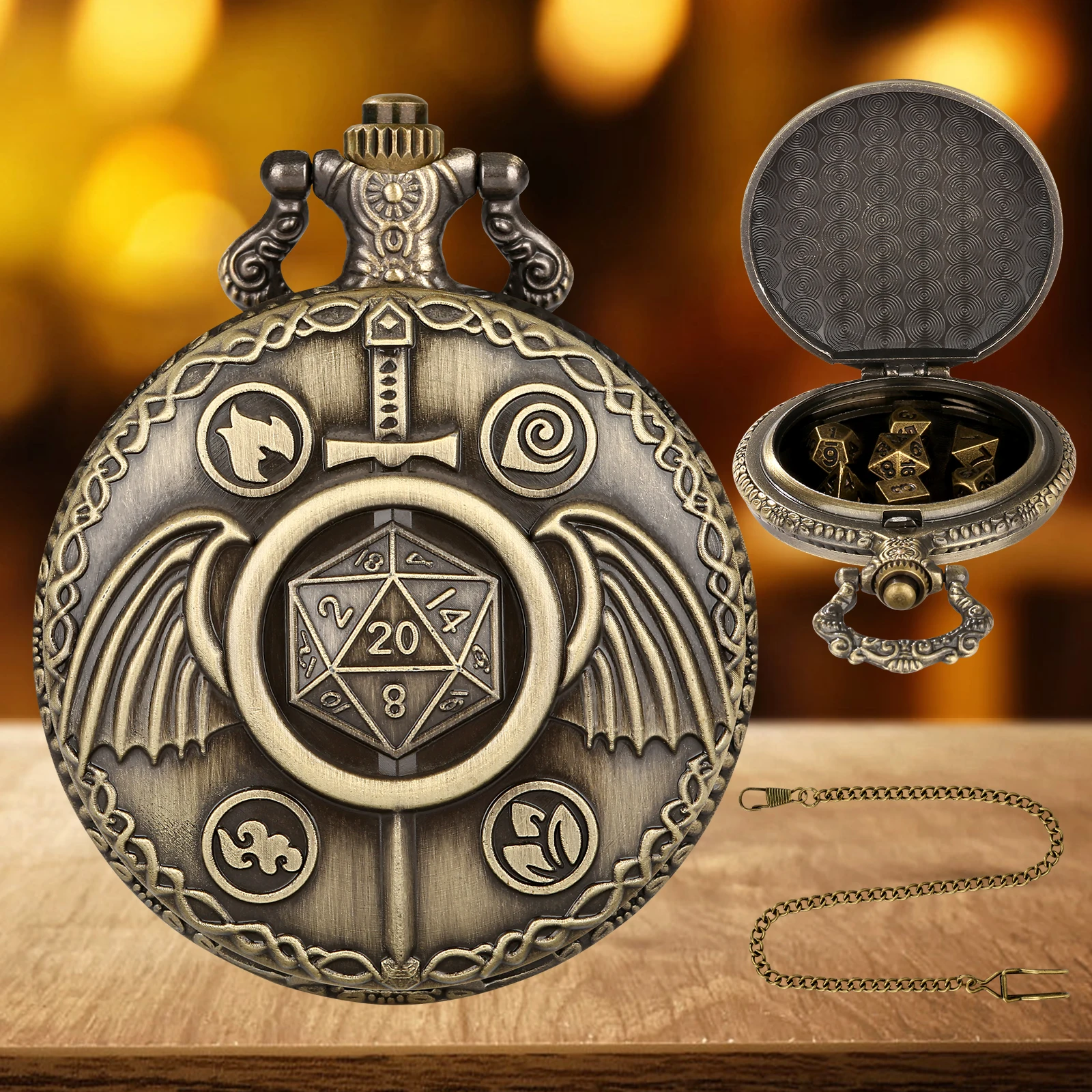 Dnd Gift Accessories Men Gadget Vintage Metal Steampunk Empty Pocket Watch Box Case With Chains 7Pcs Polyhedral Metal Dice Set