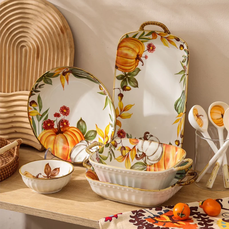 Halloween Gifts Household Tableware Modern Design Cutlery With Hand-Painted Exquisite Creative Pumpkin Ceramic Dinner Set