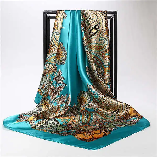 Женский шелковый шарф, модный квадратный головной платок 90*90 см с принтом, роскошные брендовые дизайнерские шали, женский платок, атласный хиджаб-шарф