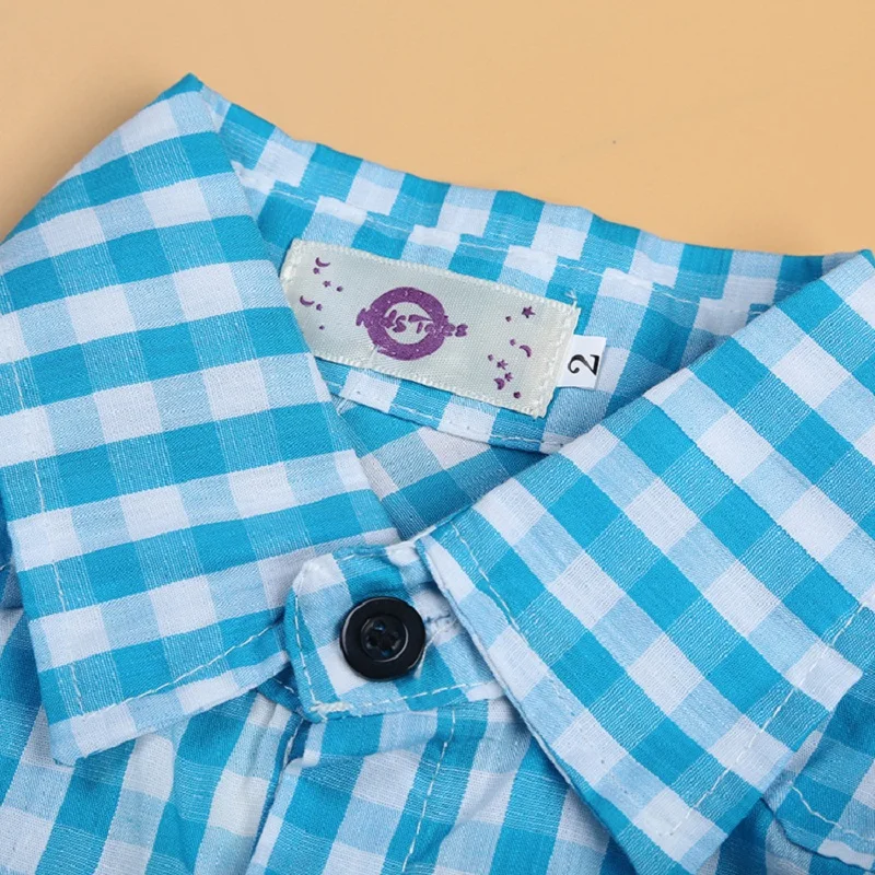 wholesale children clothes blue plaid boys shirt white pants two pieces boys wear kids clothing sets