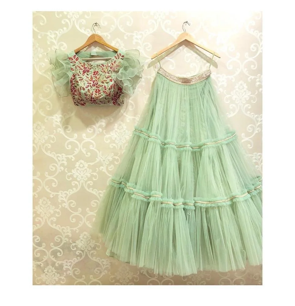 Lahenga choli colorful Indian designer net velvet taffeta silk fabrics lehenga choli dupatta blouse semi stitched wholesale