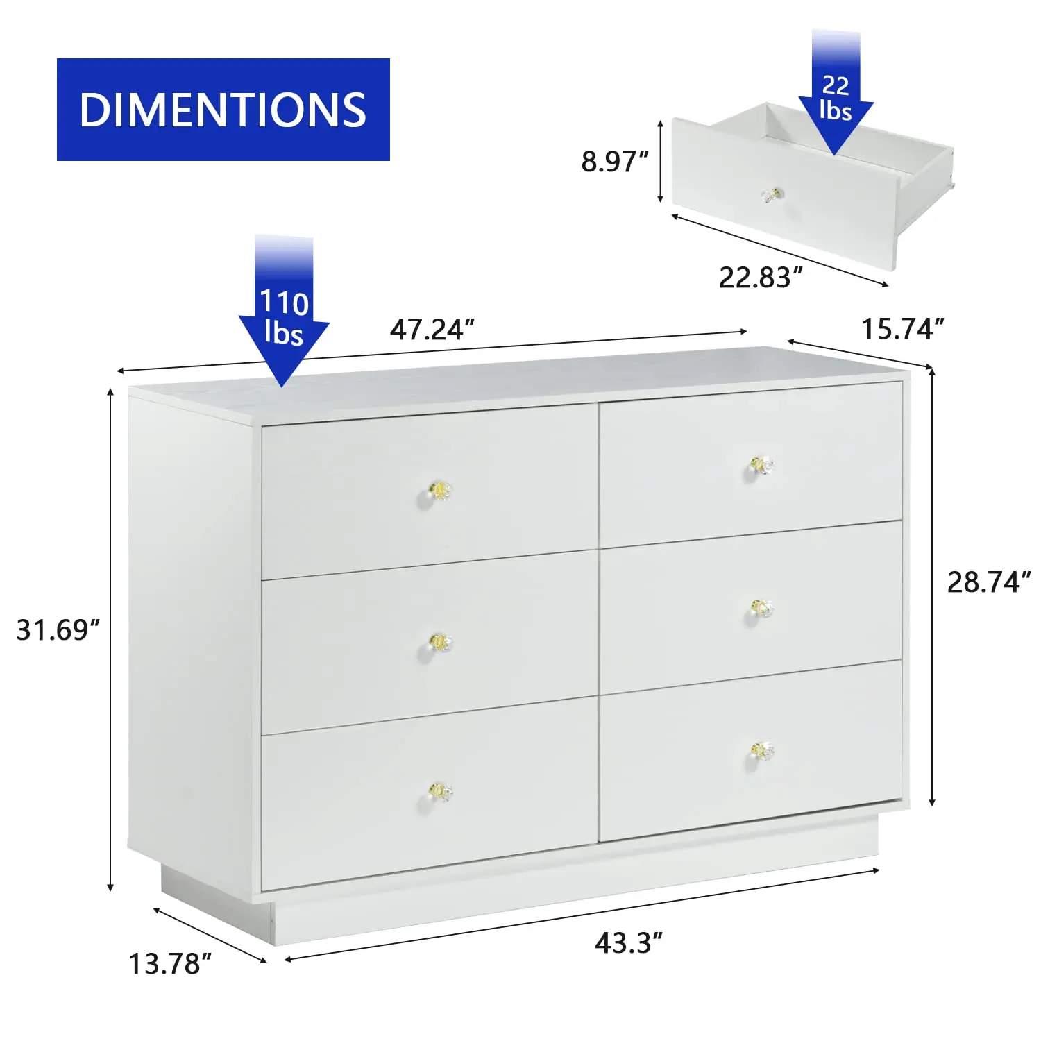 Wood Led Light Dresser Organizer Table Set Modern 6 Drawers Dresser Chest of Drawers Dressers Bedroom Furniture White
