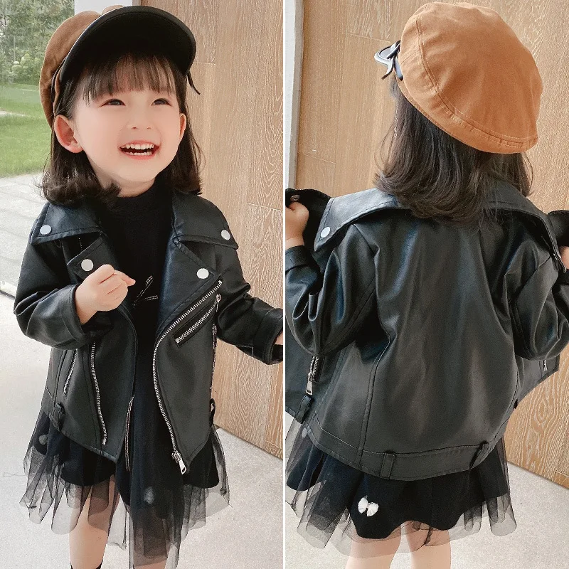 Toddler Child Baby Girl Winter Clothes Warm PU Coat PU Jacket Girl Fashion Street Clothing Black Zipper Jacket