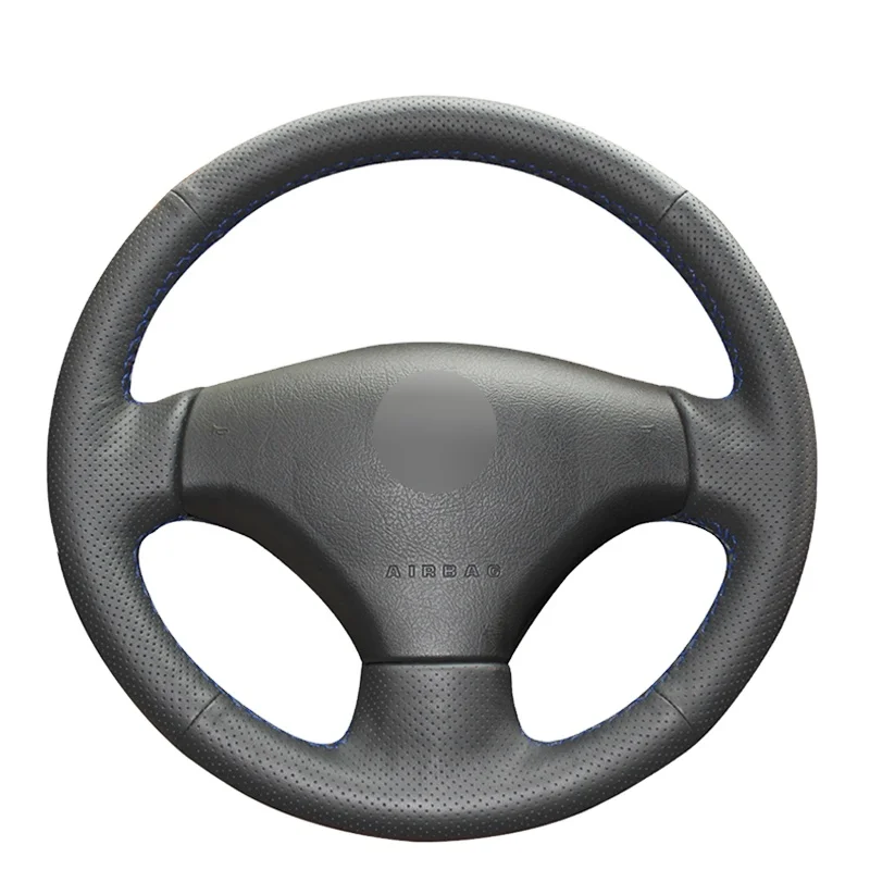 Hand sewing Black Genuine leather Car Steering Wheel Covers Wrap for Peugeot 206 2007-2009 Peugeot 207 Citroen C2